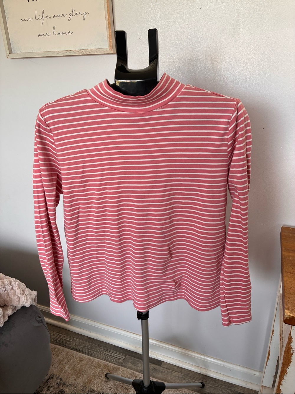 croft & barrow Pink and White Striped Mock Neck Long Sleeve Top